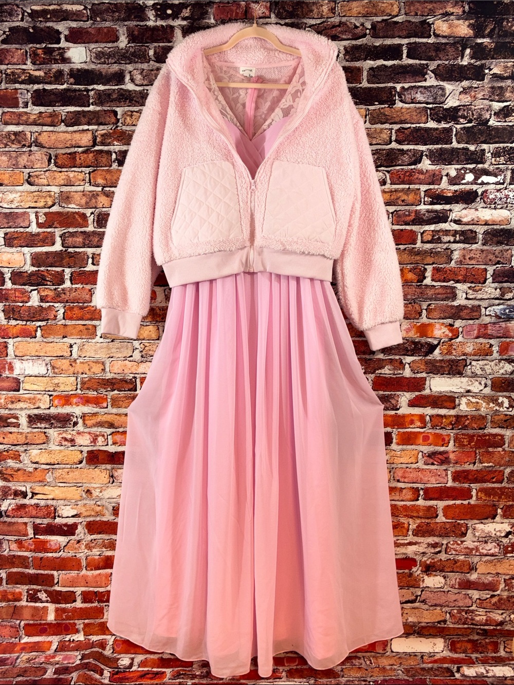 Glinda Costume Pink Layered Dress with Cozy Soft Pink Sherpa Jacket XS